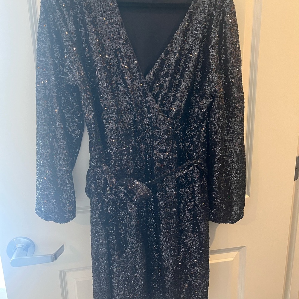 LOFT Black Sequin Wrap Dress with Dolman Sleeves